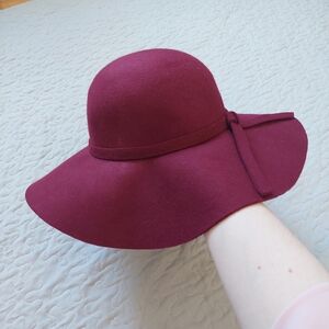 Women's Wide Brim Wool Blend Floppy Hat - Burgundy